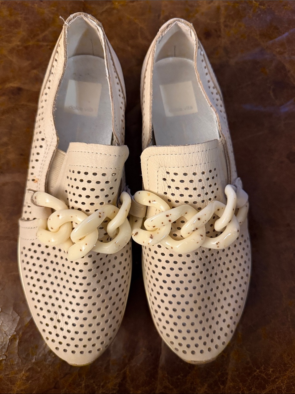 Dolce Vira Slip-On Perforated Chain-Accent Loafers in Off-White 7.5